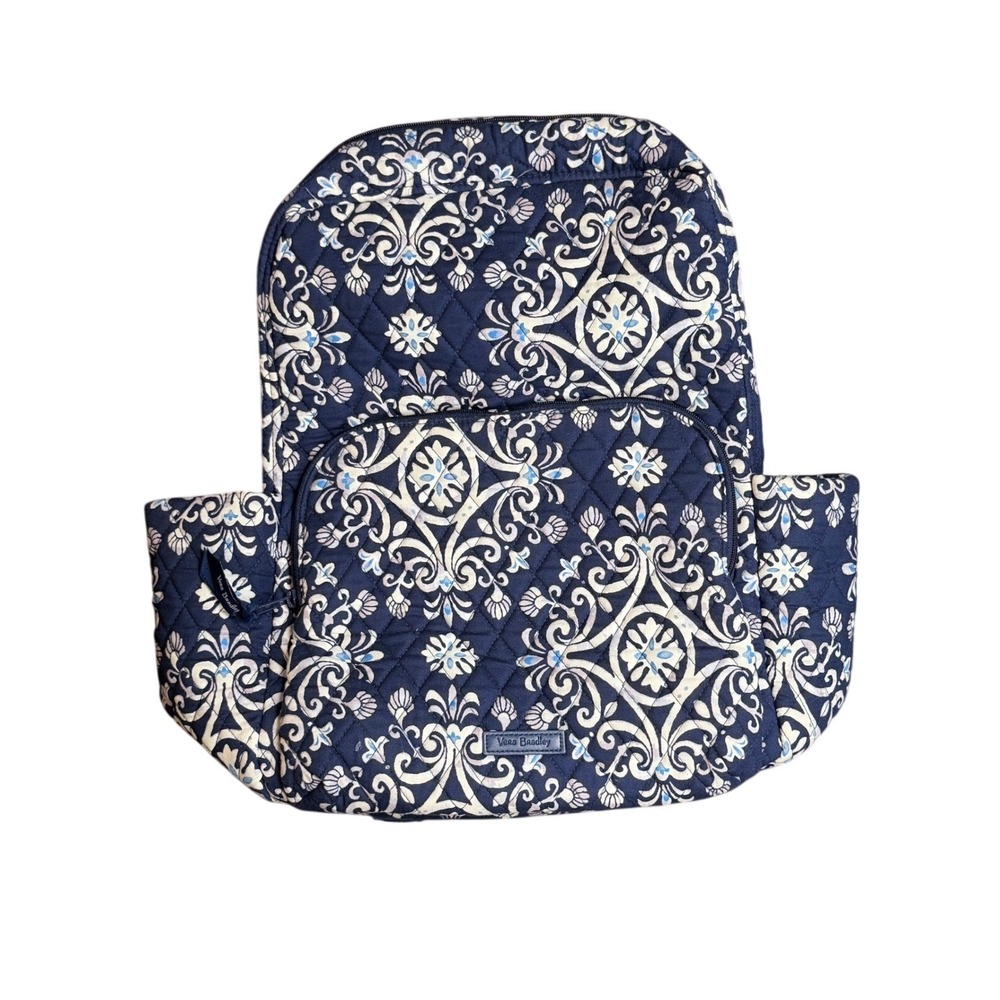Vera Bradley Blue Bayou Quilted Cotton Campus Backpack Navy Floral Print Zip